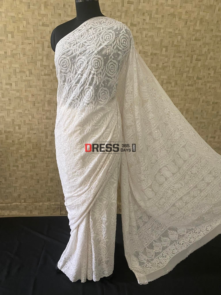 Chikankari & Pearl Cut Dana Hand Embroidered Saree