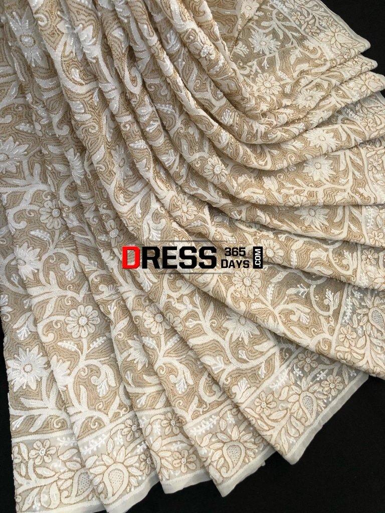 Chikankari Saree With Pearls Hand Jaali And Zari Work