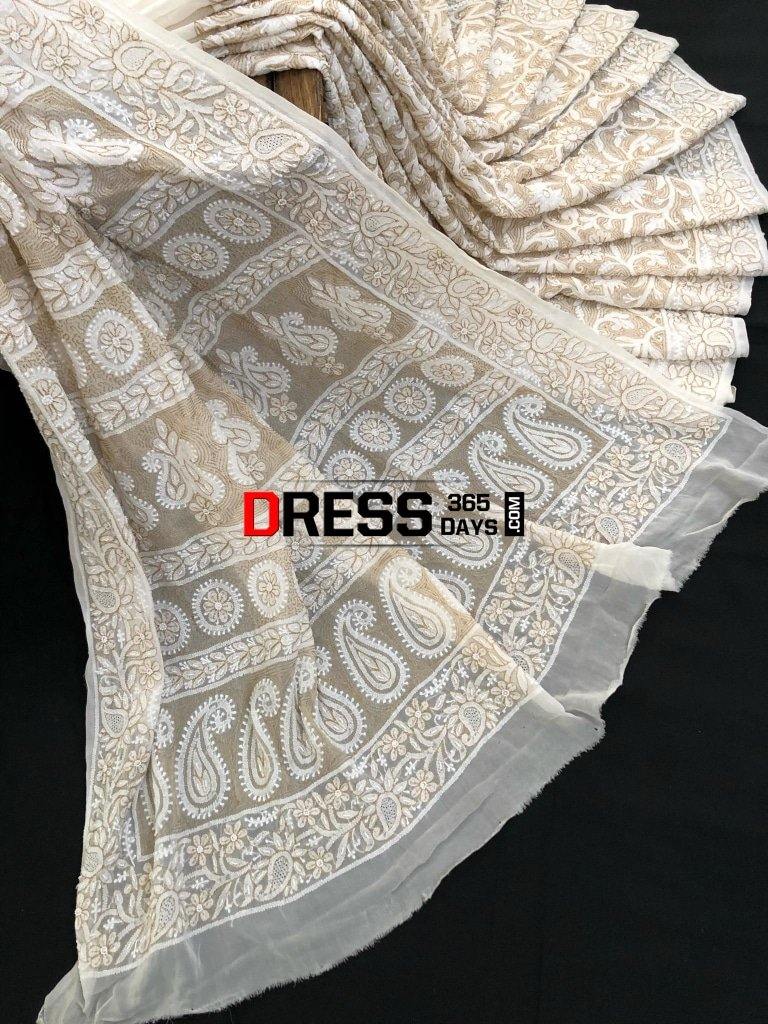 Chikankari Saree With Pearls Hand Jaali And Zari Work