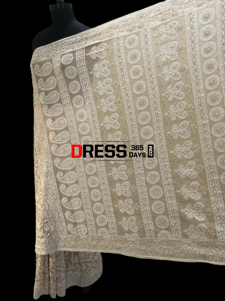 Chikankari Saree With Pearls Hand Jaali And Zari Work