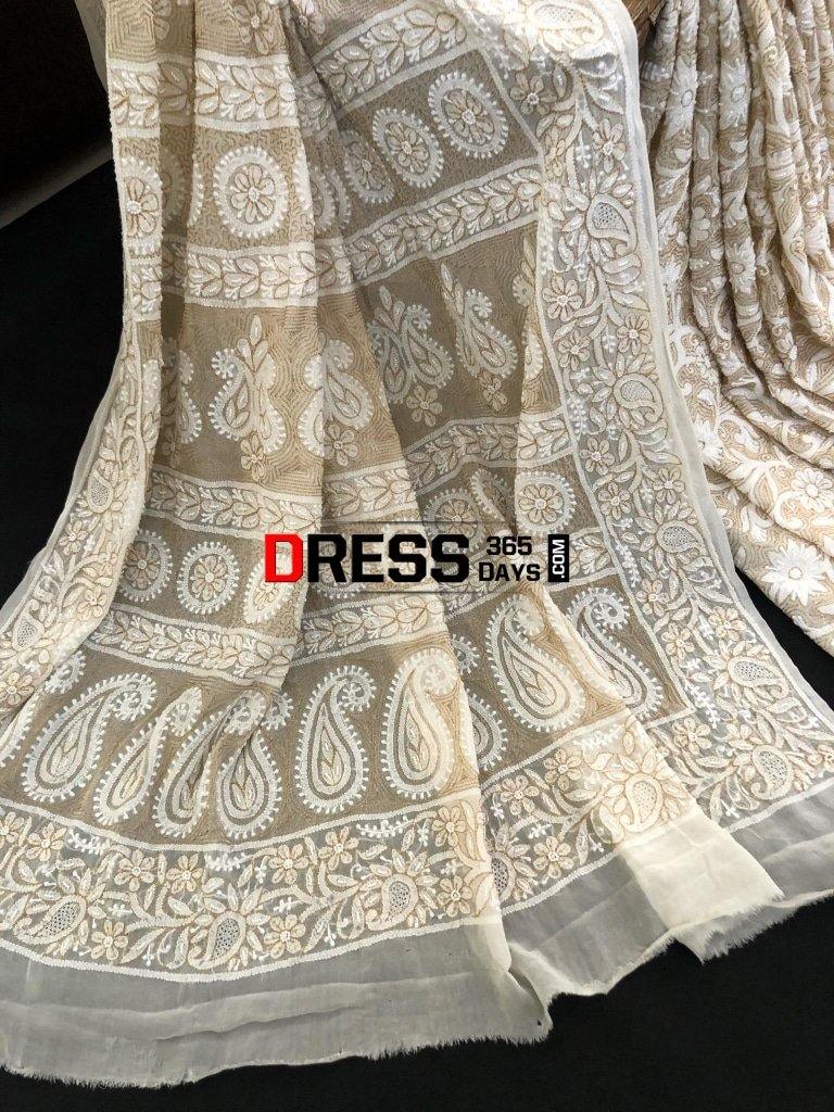 Chikankari Saree With Pearls Hand Jaali And Zari Work