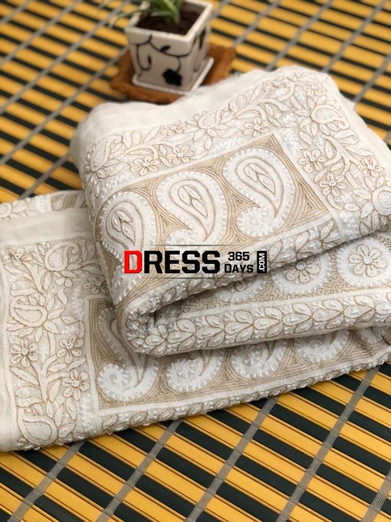 Chikankari Saree With Pearls Hand Jaali And Zari Work