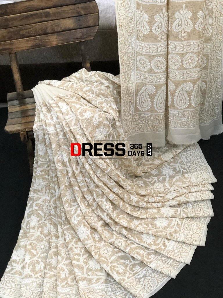 Chikankari Saree With Pearls Hand Jaali And Zari Work