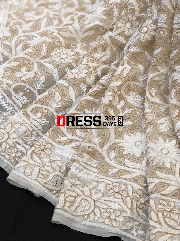 Chikankari Saree With Pearls Hand Jaali And Zari Work