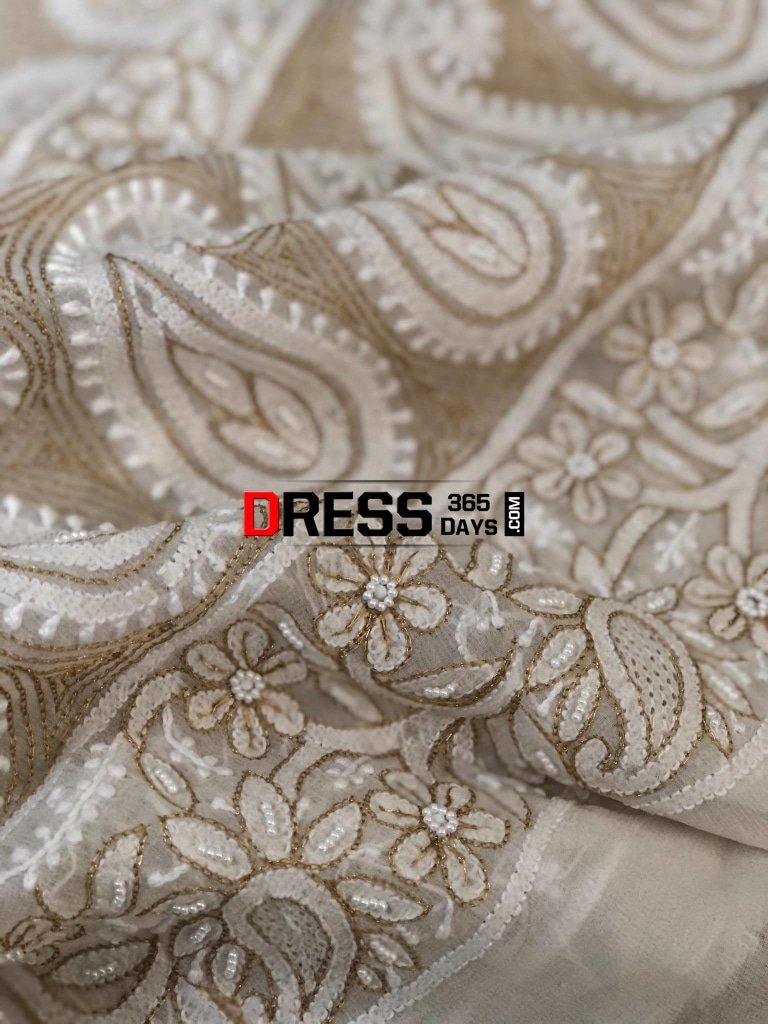 Chikankari Saree With Pearls Hand Jaali And Zari Work