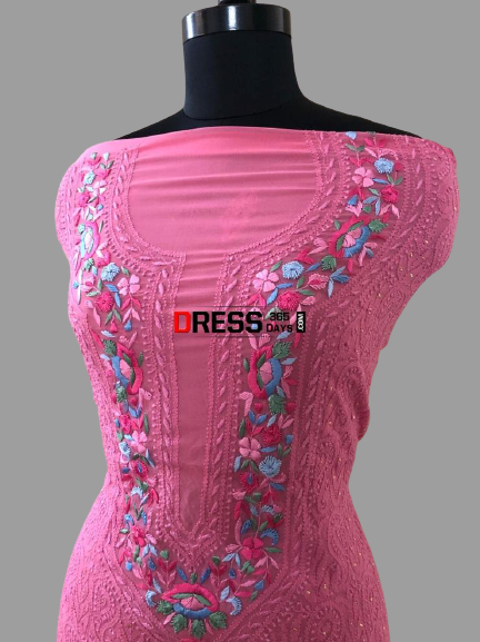 Chikankari Suit with Mukaish and Parsi Embroidered Neckline - Dress365days