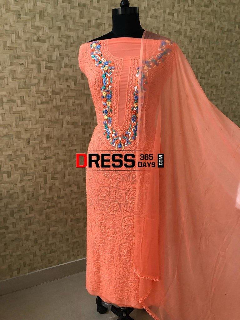 Chikankari Suit With Mukaish And Parsi Gara Neckline Suits