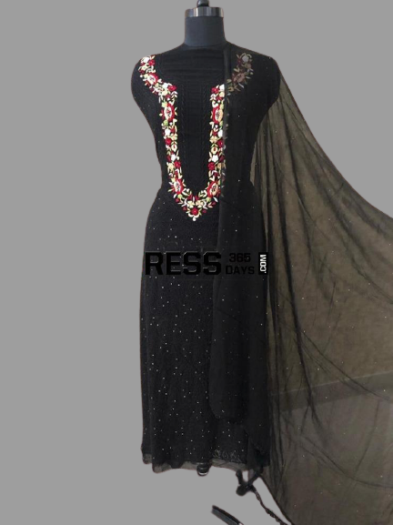 Chikankari Suit with Mukaish and Parsi Ghara Neckline - Dress365days