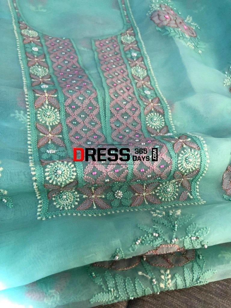 Chikankari Suit With Multicolour Embroidery-Organza Suits
