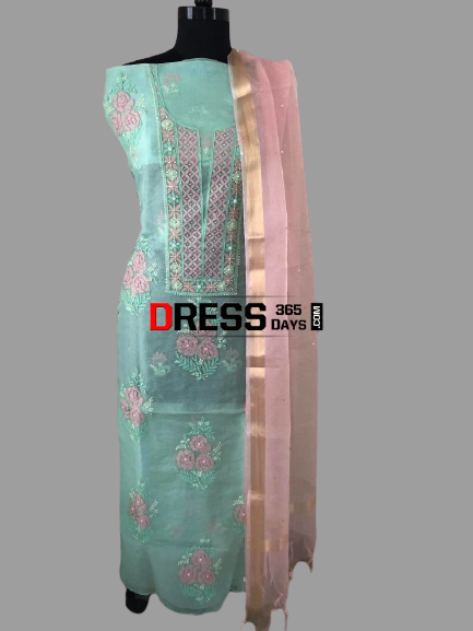 Chikankari Suit with Multicolour Embroidery-Organza - Dress365days
