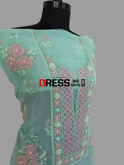 Chikankari Suit with Multicolour Embroidery-Organza - Dress365days