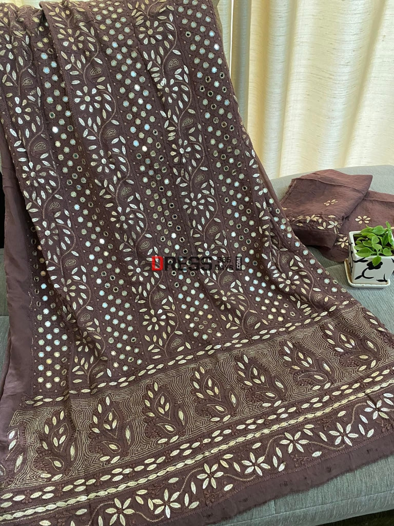Coffee Brown Mirror & Gota Patti Lucknowi Chikankari Suit Suits