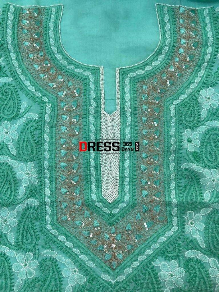 Cotton Chikankari Kurti Fabric With Beads And Aari Work
