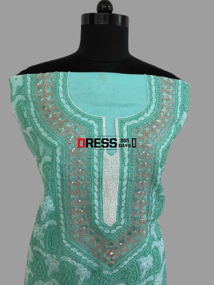 Cotton Chikankari  Kurti Fabric with Beads and Aari Work - Dress365days