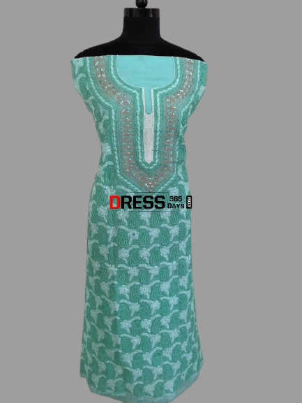 Cotton Chikankari  Kurti Fabric with Beads and Aari Work - Dress365days