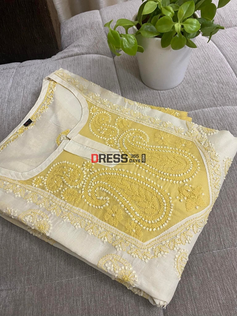 Cream Fine Chikankari Cotton Kurti (Size-L)