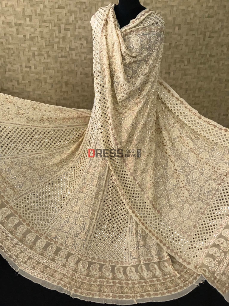 Cream Gota Patti & Mirror Work Lehenga Set Chikankari