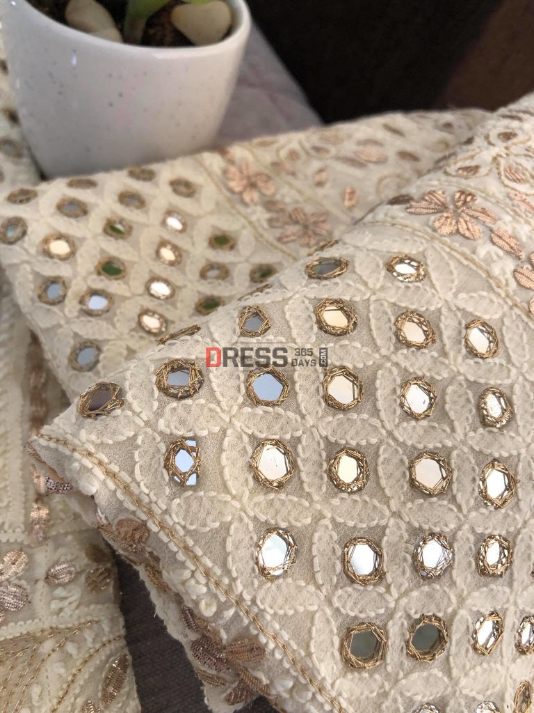 Cream Gota Patti & Mirror Work Lehenga Set Chikankari