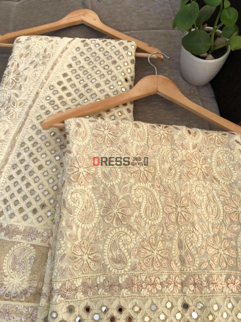 Cream Gota Patti & Mirror Work Lehenga Set Chikankari