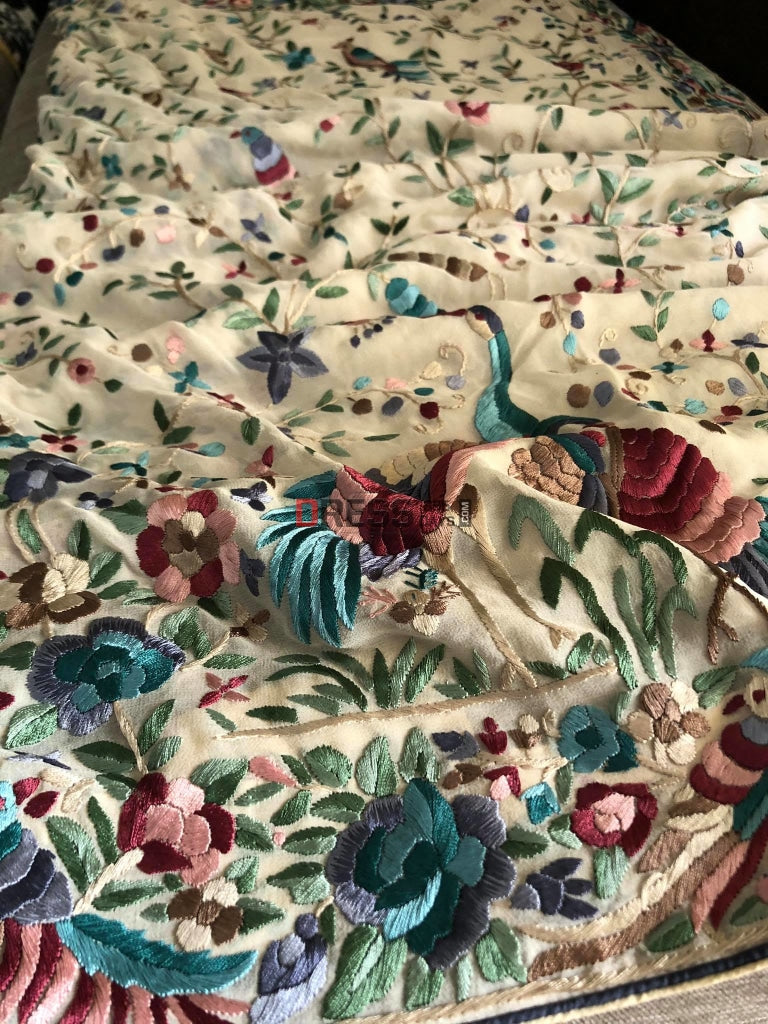 Cream Multicolor Parsi Gara Hand Embroidered Saree