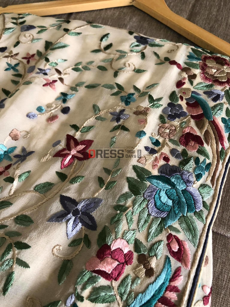 Cream Multicolor Parsi Gara Hand Embroidered Saree
