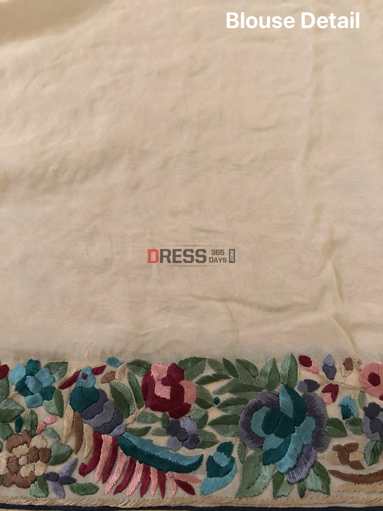 Cream Multicolor Parsi Gara Hand Embroidered Saree