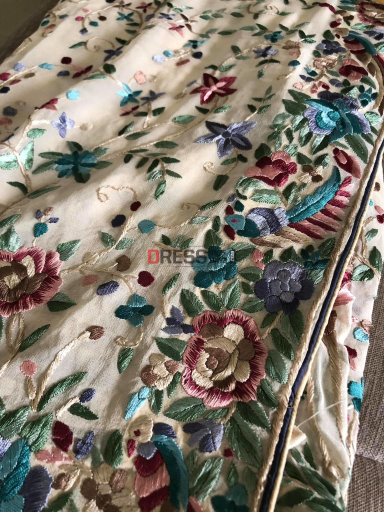 Cream Multicolor Parsi Gara Hand Embroidered Saree
