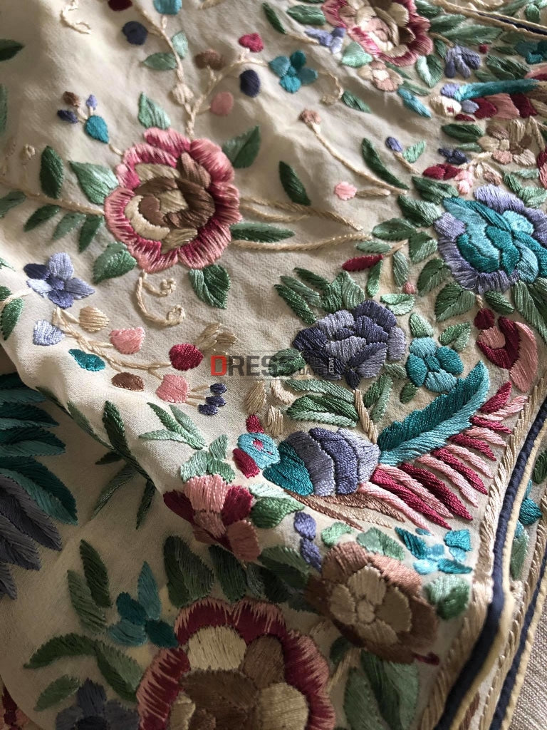 Cream Multicolor Parsi Gara Hand Embroidered Saree