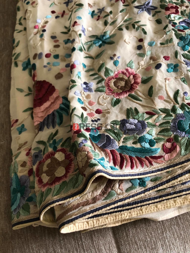 Cream Multicolor Parsi Gara Hand Embroidered Saree
