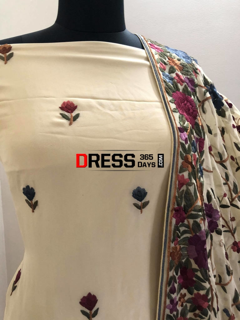 Cream Parsi Gara Hand Embroidered Suit (Three Piece) Suits