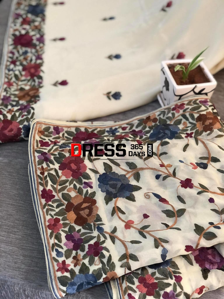 Cream Parsi Gara Hand Embroidered Suit (Three Piece) Suits