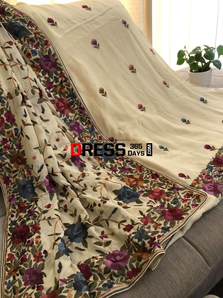 Cream Parsi Gara Hand Embroidered Suit (Three Piece) Suits