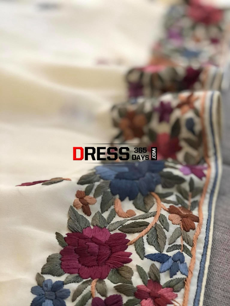 Cream Parsi Gara Hand Embroidered Suit (Three Piece) Suits
