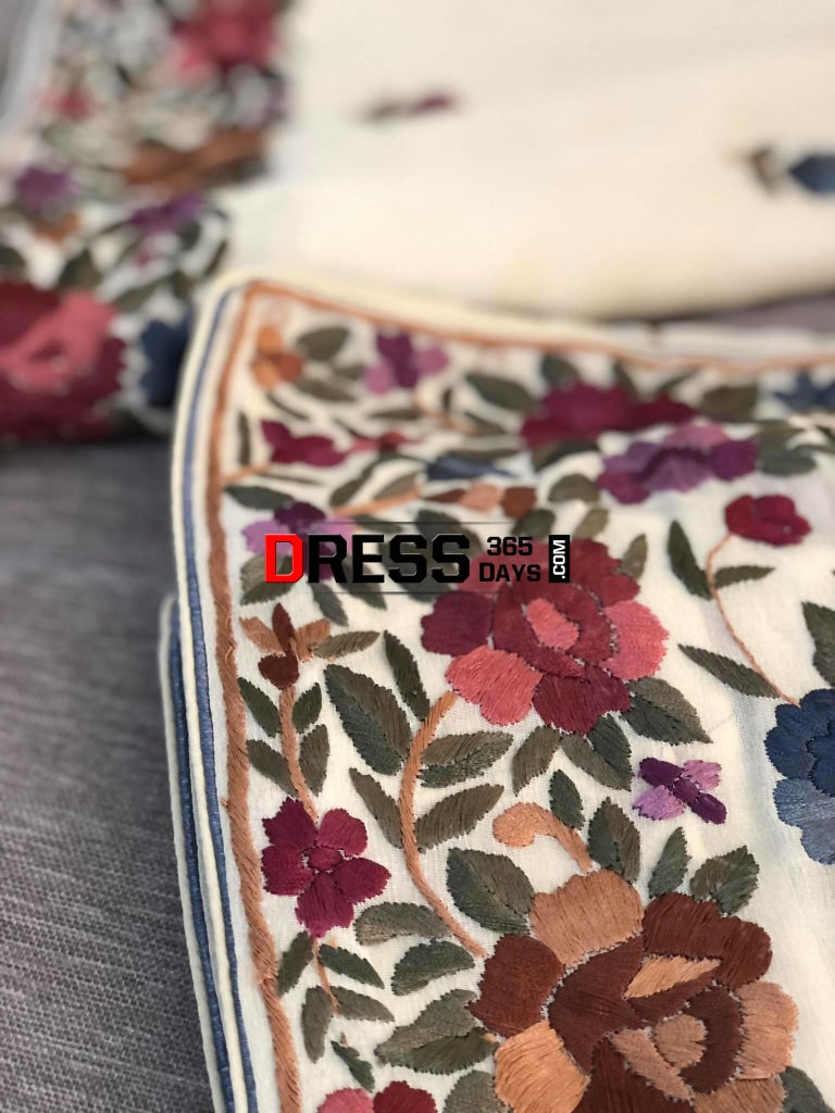 Cream Parsi Gara Hand Embroidered Suit (Three Piece) Suits