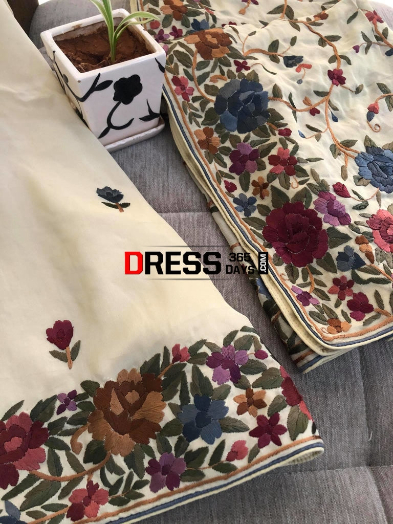 Cream Parsi Gara Hand Embroidered Suit (Three Piece) Suits