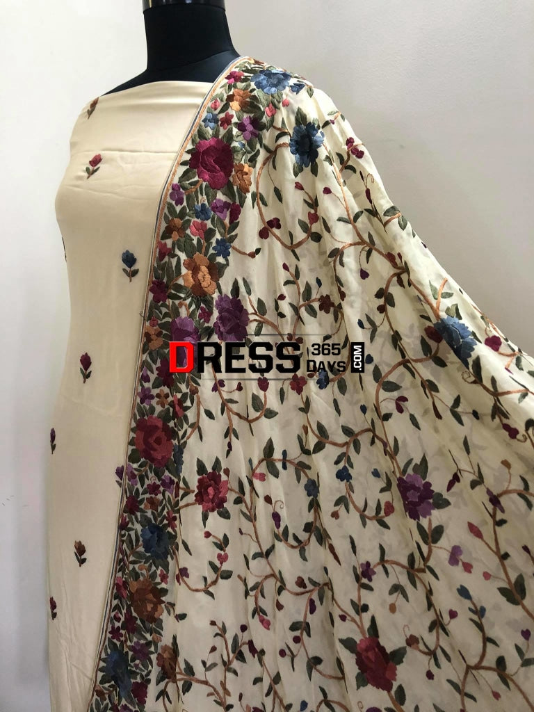 Cream Parsi Gara Hand Embroidered Suit (Three Piece) Suits
