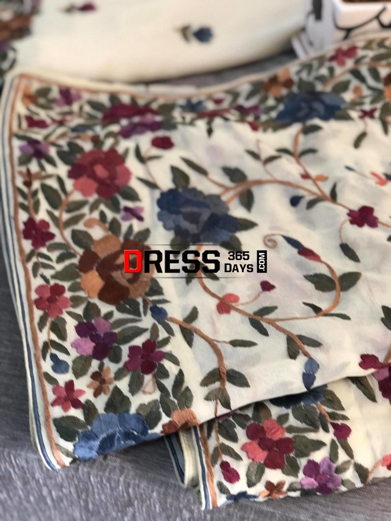 Cream Parsi Gara Hand Embroidered Suit (Three Piece) Suits
