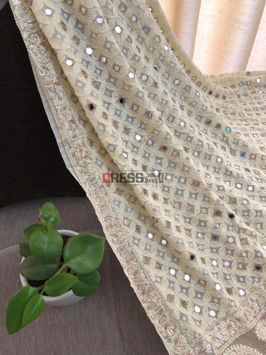Cream Pearl & Mirror Chikankari Dupatta