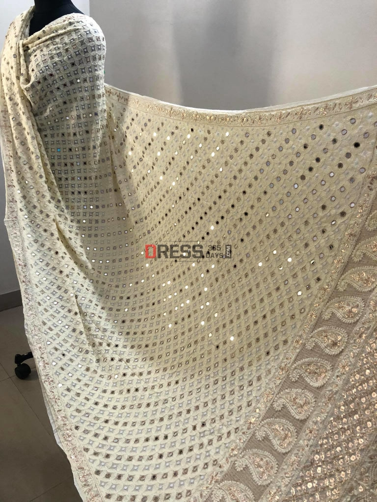Cream Pearl & Mirror Chikankari Dupatta
