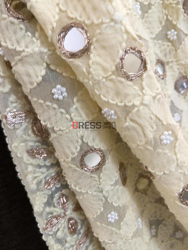 Cream Pearl & Mirror Chikankari Dupatta
