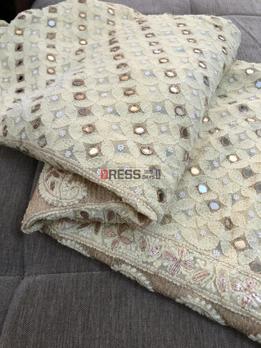 Cream Pearl & Mirror Chikankari Dupatta