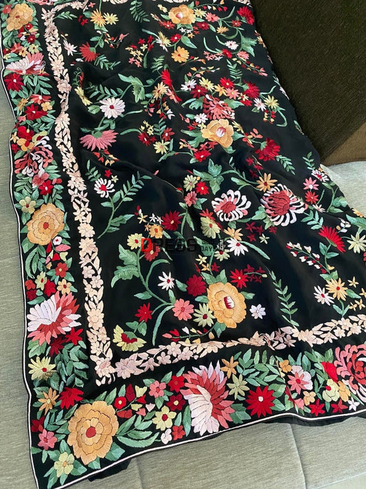 Crep Silk Parsi Gara Hand Embroidered Saree