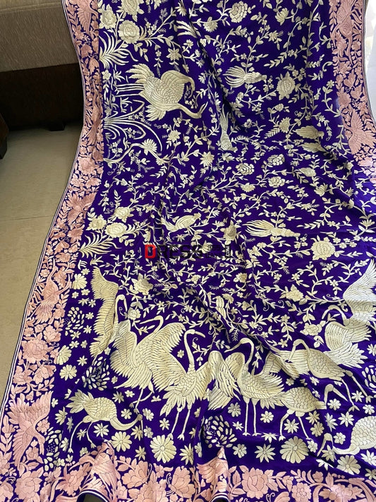 Crepe Silk Blue Parsi Gara Dupatta With Pink Border