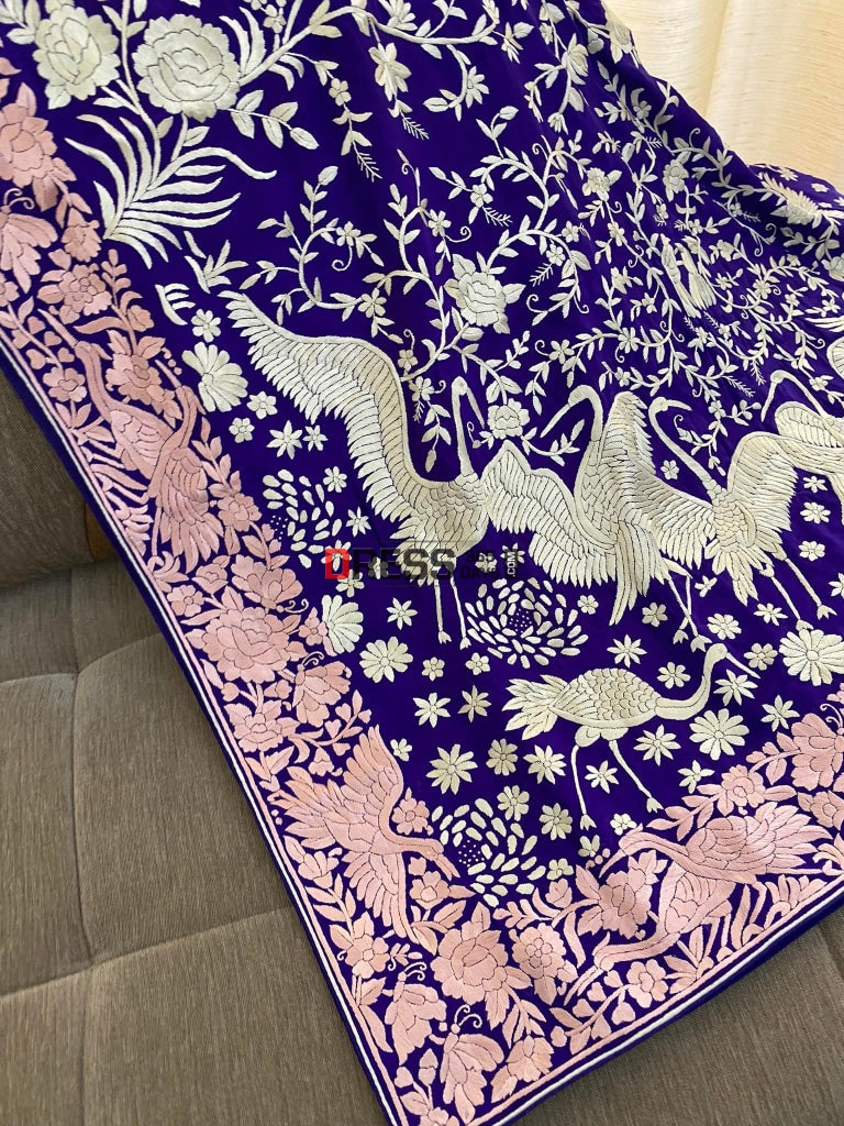 Crepe Silk Blue Parsi Gara Dupatta With Pink Border