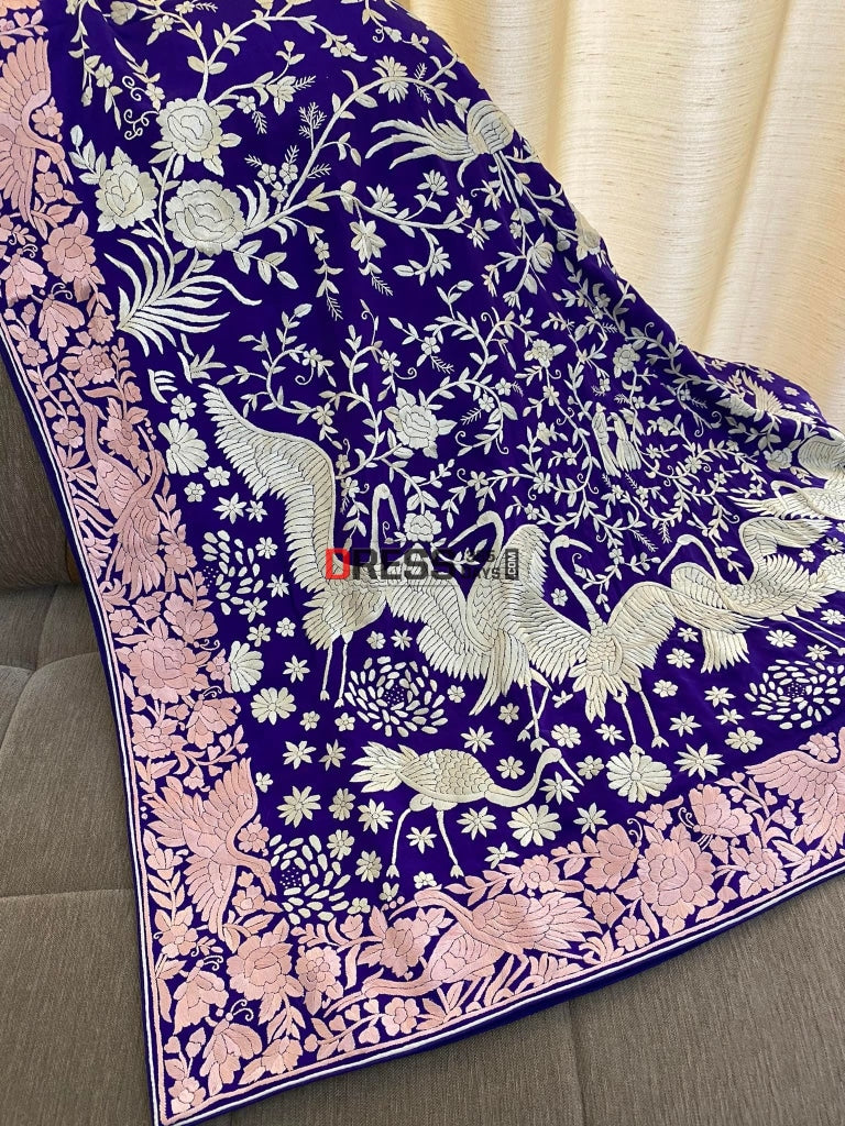 Crepe Silk Blue Parsi Gara Dupatta With Pink Border