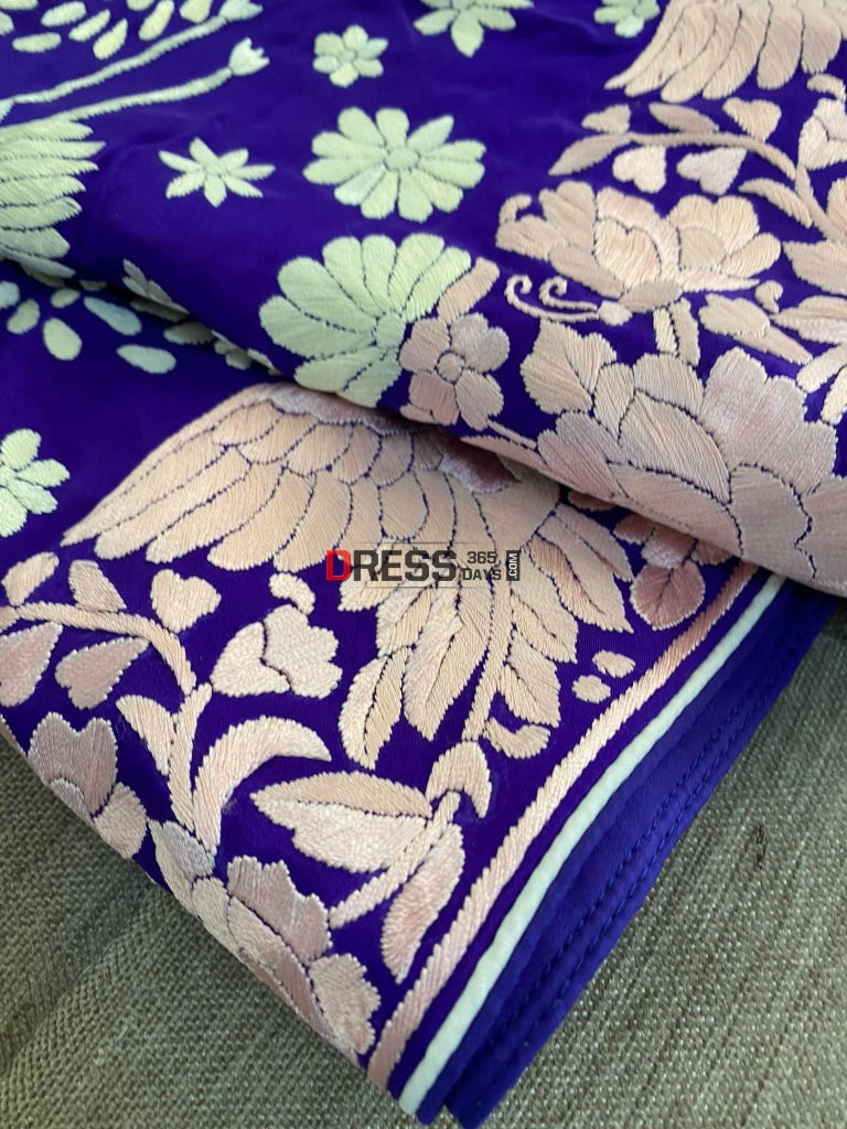 Crepe Silk Blue Parsi Gara Dupatta With Pink Border