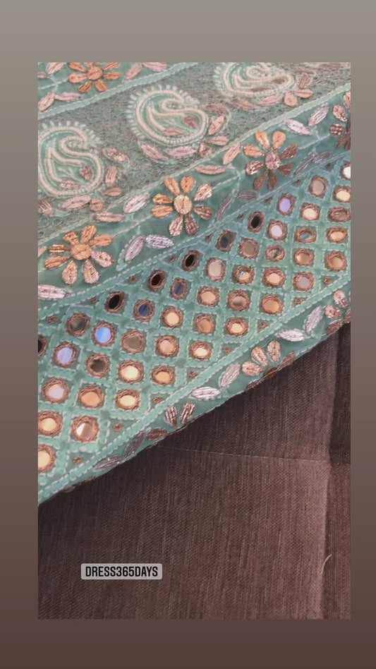 Aqua Green Gota Patti, Mirror & Pearl Lucknowi Saree