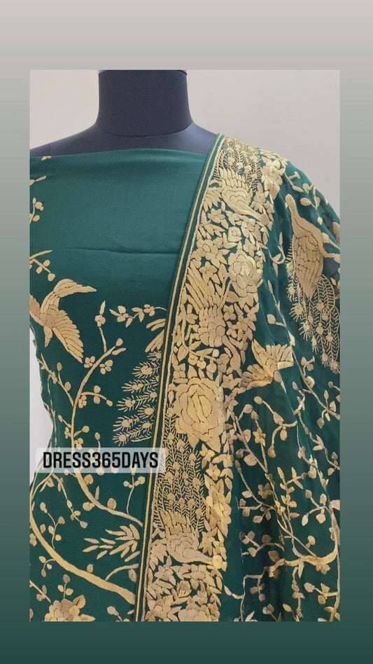 Emerald Green & Gold Parsi Gara Hand Crafted Suit (Three Piece)