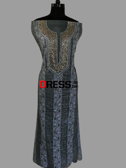 Dark Grey Mukaish Chikankari Kurta Dupatta- Organza - Dress365days