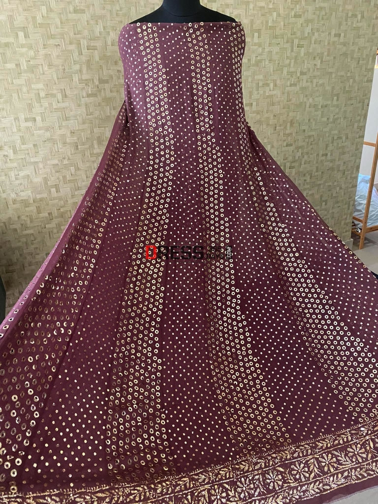 Deep Brown Ring Mukaish Anarkali Suit Chikankari